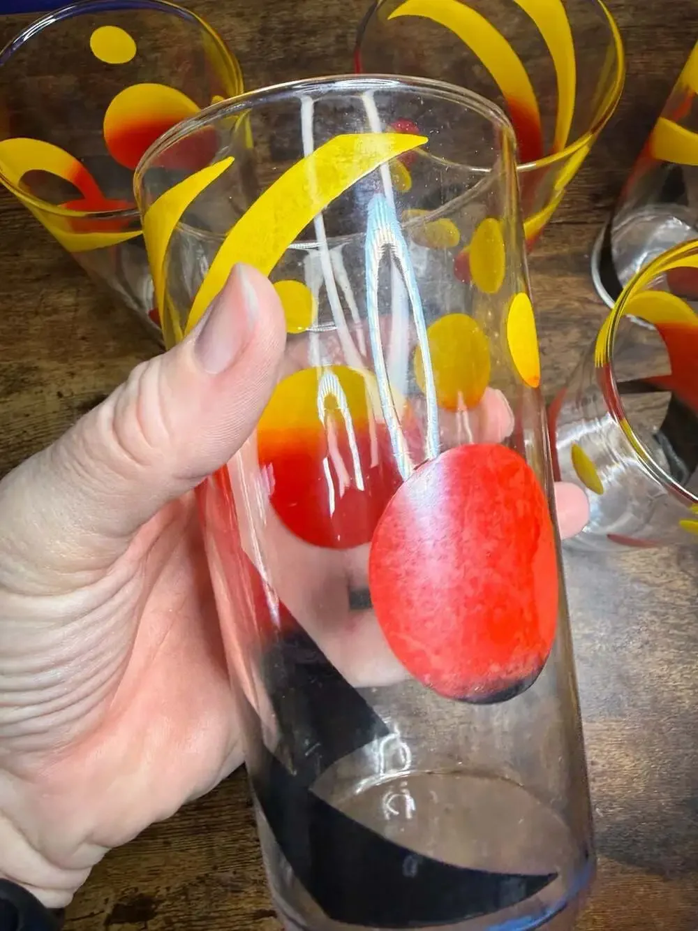 Vintage Mid-Century Modern Ombre Polka Dot and Swirl Drinking Glasses Set of 5